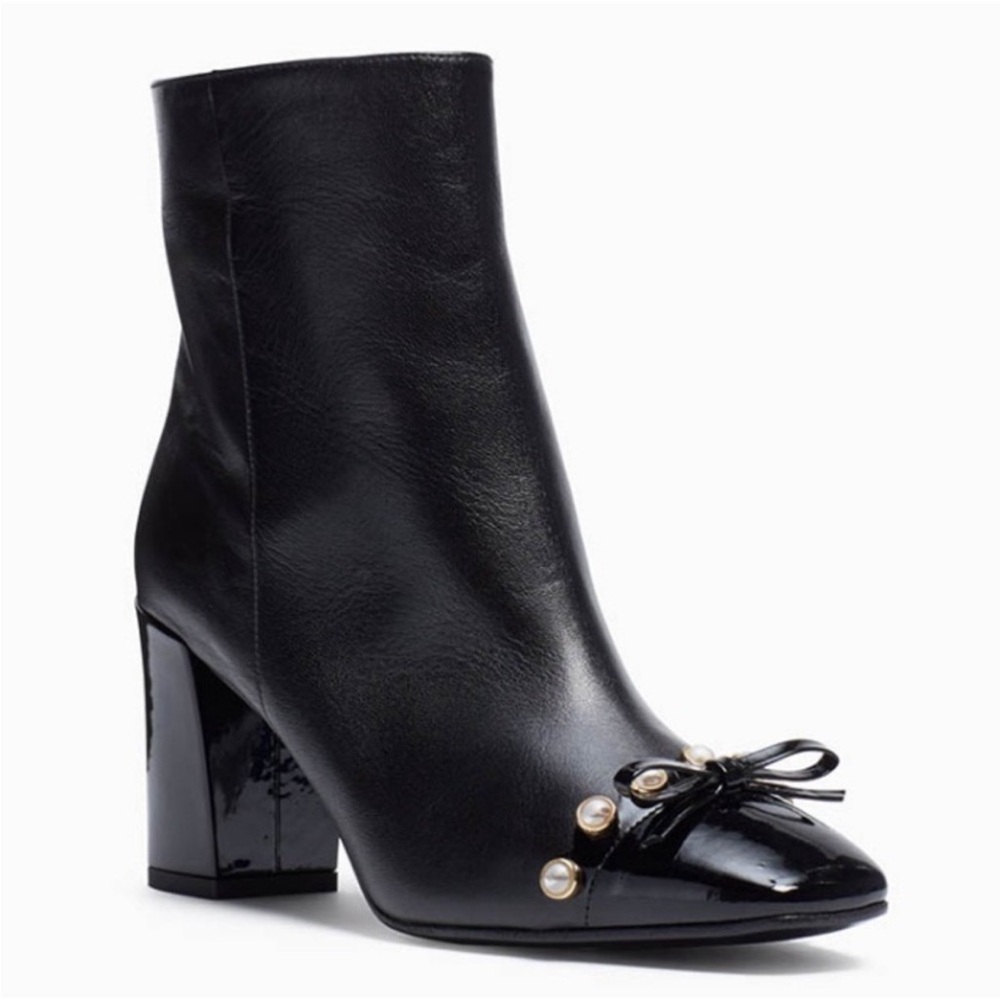Kate Spade Black Leather Pearl Bow Block Heel Ankle Boots Patent Toe Size 10